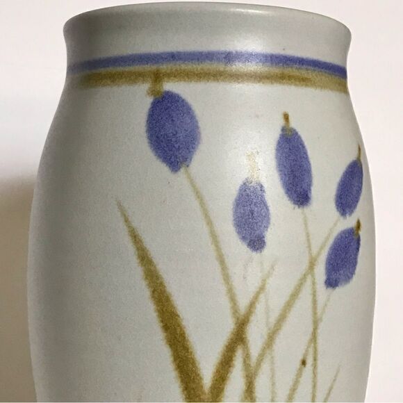 Vintage Artist Signed Blue Floral Botanical 8”  Salt Glaze Pottery Vase - Picture 8 of 14